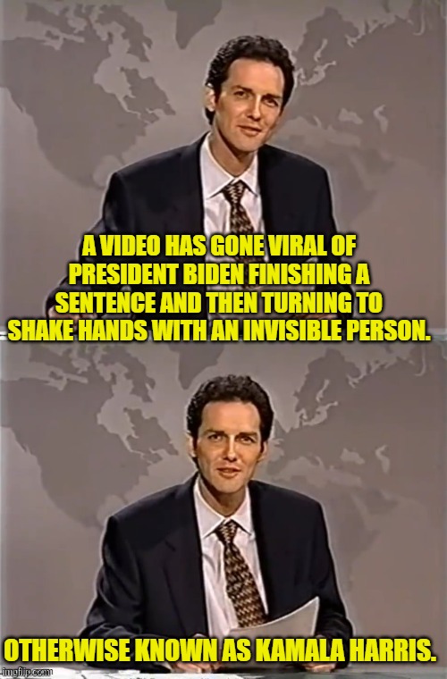 The DNC anointed presidential nominee apparent . . . with no press conferences? | A VIDEO HAS GONE VIRAL OF PRESIDENT BIDEN FINISHING A SENTENCE AND THEN TURNING TO SHAKE HANDS WITH AN INVISIBLE PERSON. OTHERWISE KNOWN AS KAMALA HARRIS. | image tagged in weekend update with norm | made w/ Imgflip meme maker