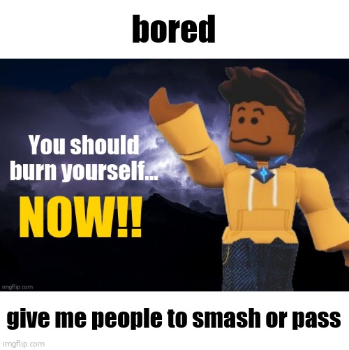 You should burn yourself...  NOW!!! | bored; give me people to smash or pass | image tagged in you should burn yourself now | made w/ Imgflip meme maker