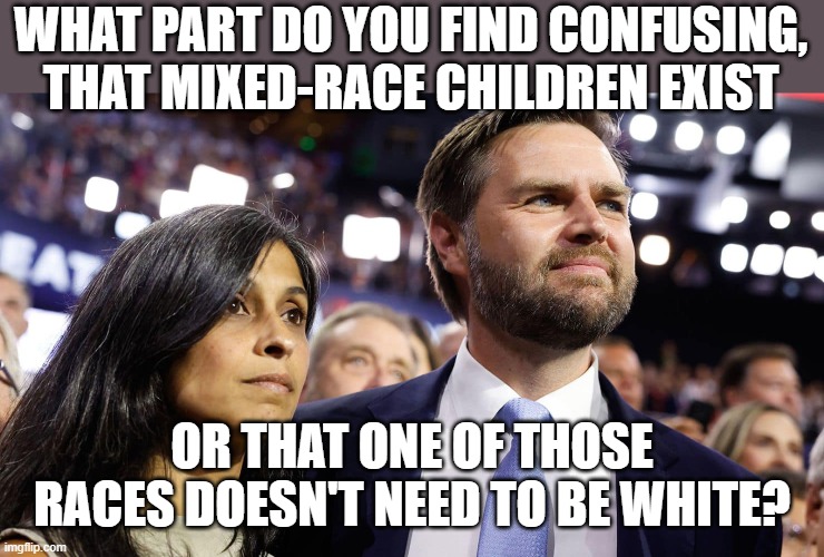 JD Vance and his wife Usha Chilukuri Vance | WHAT PART DO YOU FIND CONFUSING, THAT MIXED-RACE CHILDREN EXIST OR THAT ONE OF THOSE RACES DOESN'T NEED TO BE WHITE? | image tagged in jd vance and his wife usha chilukuri vance | made w/ Imgflip meme maker