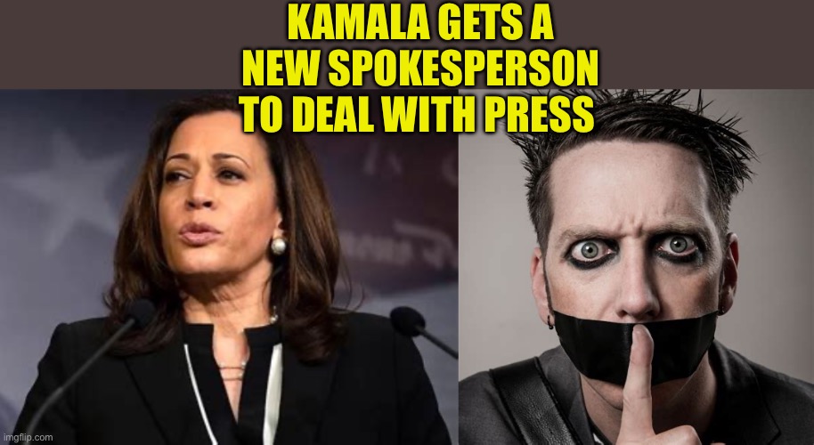 Perfect spokesperson | KAMALA GETS A NEW SPOKESPERSON TO DEAL WITH PRESS | image tagged in gifs,kamala harris,democrats,hiding,tape | made w/ Imgflip meme maker