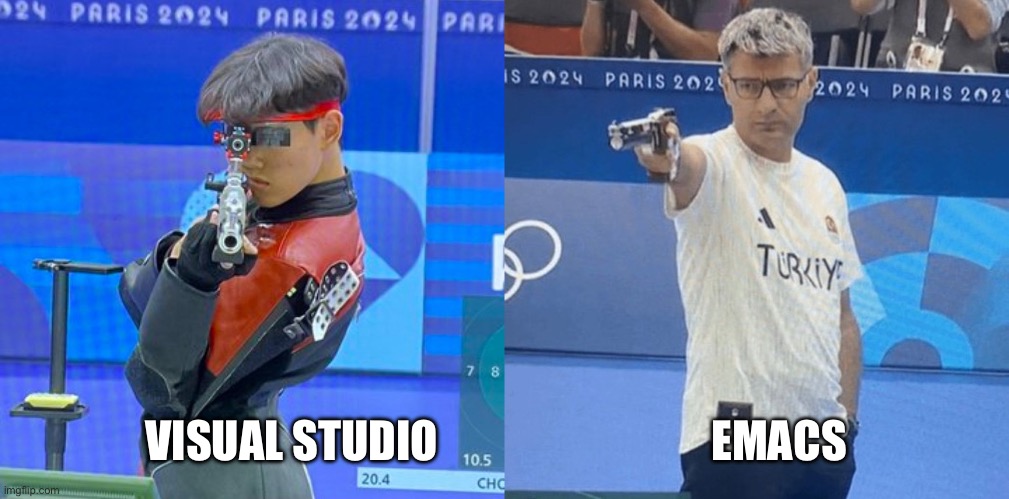 Olympic Shooter | VISUAL STUDIO                               EMACS | image tagged in olympic shooter | made w/ Imgflip meme maker