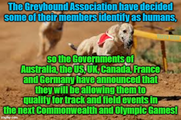 Super Woke countries to field greyhounds that identify as humans in the next Oylmpics! | The Greyhound Association have decided some of their members identify as humans, Yarra Man; so the Governments of Australia, the US, UK, Canada, France and Germany have announced that they will be allowing them to qualify for track and field events in the next Commonwealth and Olympic Games! | image tagged in usa,australia,germany,france,canada,self gratification by proxy | made w/ Imgflip meme maker