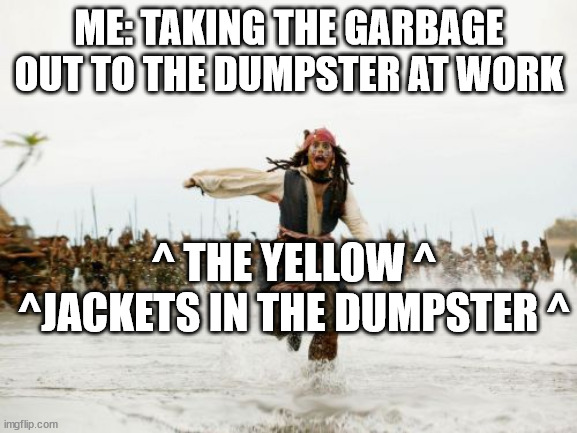 Garbage dumpsters in summer | ME: TAKING THE GARBAGE OUT TO THE DUMPSTER AT WORK; ^ THE YELLOW ^ ^JACKETS IN THE DUMPSTER ^ | image tagged in memes,jack sparrow being chased,chores,work,yellow jackets,summer | made w/ Imgflip meme maker