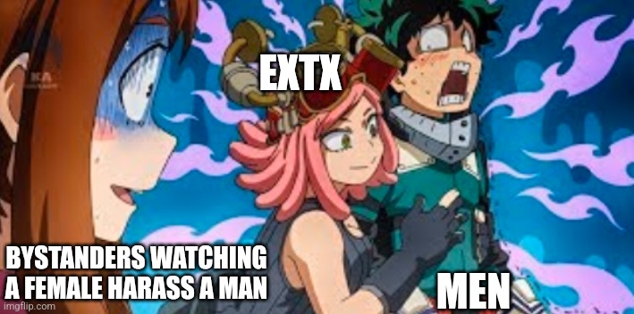 Disagreeable female extroverts | EXTX; MEN; BYSTANDERS WATCHING A FEMALE HARASS A MAN | image tagged in deku uraraka and hatsume | made w/ Imgflip meme maker