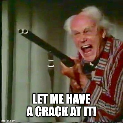 Old man with gun | LET ME HAVE A CRACK AT IT! | image tagged in old man with gun | made w/ Imgflip meme maker