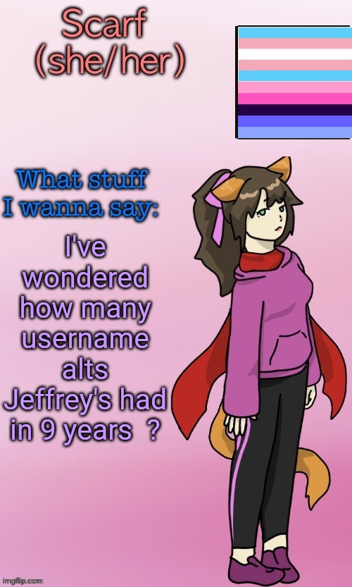 Do you remember his first ? | I've wondered how many username alts Jeffrey's had in 9 years  ? | image tagged in scarf_ template drawing by disco,jeffrey | made w/ Imgflip meme maker