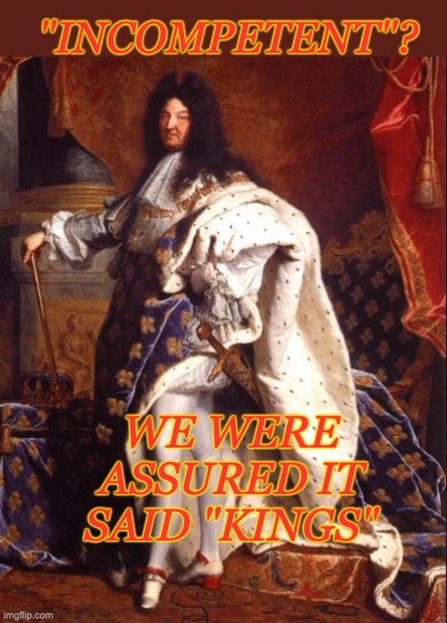 King Louis XIV (Sun King) | "INCOMPETENT"? WE WERE ASSURED IT SAID "KINGS" | image tagged in king louis xiv sun king | made w/ Imgflip meme maker