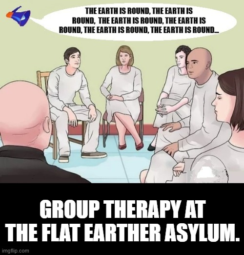 GROUP THERAPY AT THE FLAT EARTHER ASYLUM. | image tagged in flat earthers in therapy | made w/ Imgflip meme maker