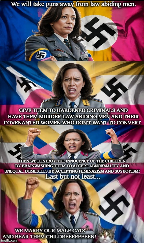 Kamalof Haristler | THEN WE DESTROY THE INNOCENCE OF THE CHILDREN BY BRAINWASHING THEM TO ACCEPT ABNORMALITY AND UNEQUAL DOMESTICS BY ACCEPTING FEMINAZISM AND SOYBOYISM! | image tagged in kamalof haristler meme,kamala harris meme,adolf hitler meme,democrats meme,nazis meme,google images | made w/ Imgflip meme maker
