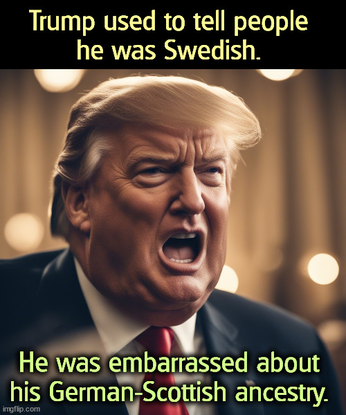 Oh, he's German alright. His grandfather tried to return to Germany and was refused entry. What's the German for "white trash?" | Trump used to tell people 
he was Swedish. He was embarrassed about 
his German-Scottish ancestry. | image tagged in trump,liar,swedish,german,scottish | made w/ Imgflip meme maker