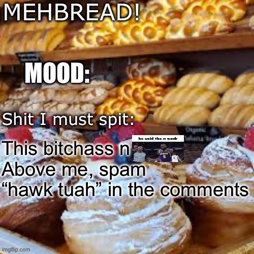 /srs | This bitchass n        
Above me, spam “hawk tuah” in the comments | image tagged in breadnouncment 3 0 | made w/ Imgflip meme maker