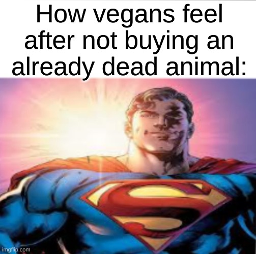 You don’t have to shove it down our throats just don’t buy it | How vegans feel after not buying an already dead animal: | image tagged in superman starman meme,memes,funny | made w/ Imgflip meme maker