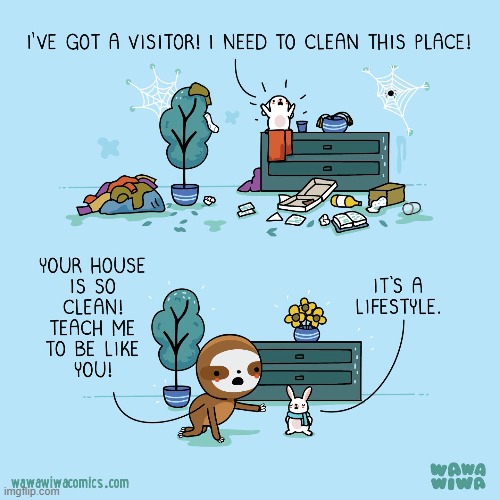 image tagged in rabbit,house,mess,clean,sloth,lifestyle | made w/ Imgflip meme maker