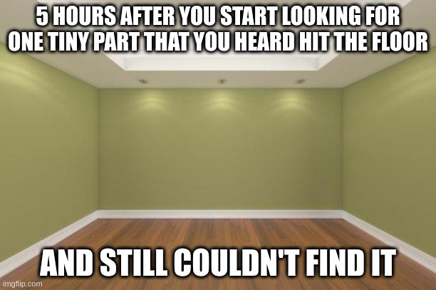 Empty Room | 5 HOURS AFTER YOU START LOOKING FOR ONE TINY PART THAT YOU HEARD HIT THE FLOOR; AND STILL COULDN'T FIND IT | image tagged in empty room | made w/ Imgflip meme maker