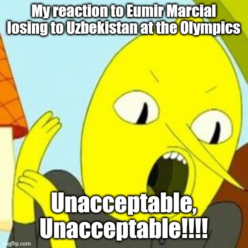 I know its already late, but Eumir should have skipped the Olympics and go pro boxing | My reaction to Eumir Marcial losing to Uzbekistan at the Olympics; Unacceptable, Unacceptable!!!! | image tagged in lemongrab unacceptable,boxing,olympics,philippines | made w/ Imgflip meme maker