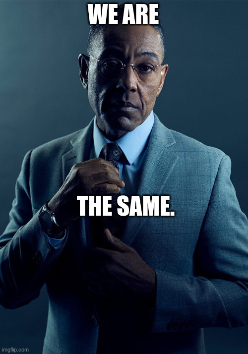 Gus Fring we are not the same | WE ARE THE SAME. | image tagged in gus fring we are not the same | made w/ Imgflip meme maker