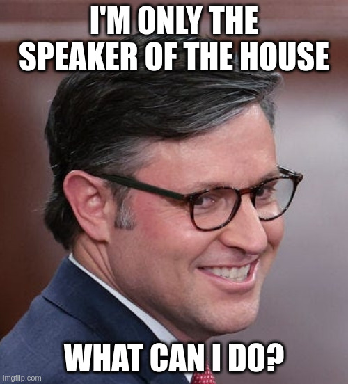 In it for myself | I'M ONLY THE SPEAKER OF THE HOUSE; WHAT CAN I DO? | image tagged in mike johnson a nasty sob pretending to do god's work | made w/ Imgflip meme maker