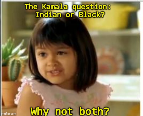 This kid is smarter than most Trumppuppets | The Kamala question: 
Indian or Black? Why not both? | image tagged in why not both | made w/ Imgflip meme maker