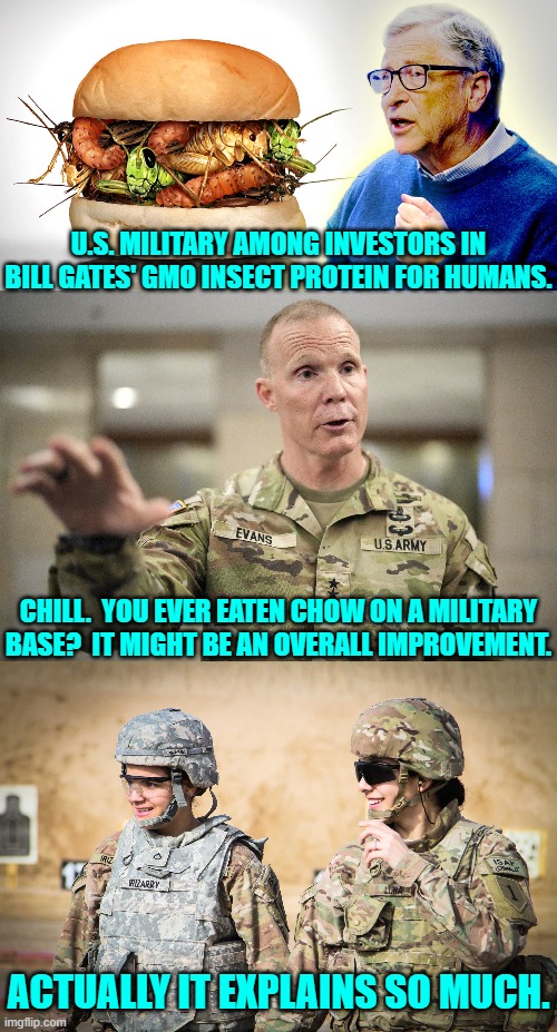 You will eat the bugs!  Let's watch those recruitment numbers rise!  Yep. | U.S. MILITARY AMONG INVESTORS IN BILL GATES' GMO INSECT PROTEIN FOR HUMANS. CHILL.  YOU EVER EATEN CHOW ON A MILITARY BASE?  IT MIGHT BE AN OVERALL IMPROVEMENT. ACTUALLY IT EXPLAINS SO MUCH. | image tagged in yep | made w/ Imgflip meme maker