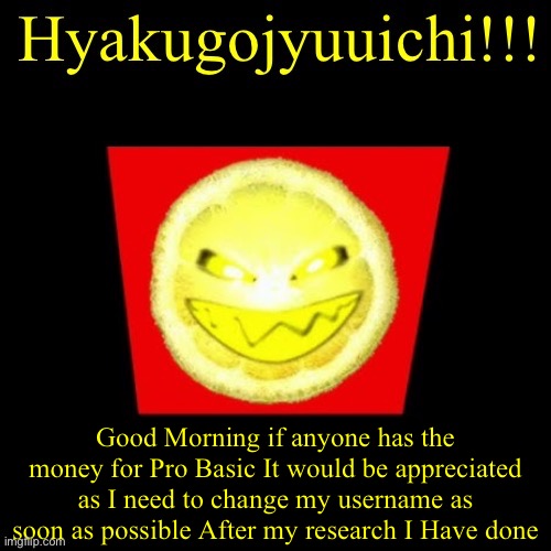 hyaku | Good Morning if anyone has the money for Pro Basic It would be appreciated as I need to change my username as soon as possible After my research I Have done | image tagged in hyaku | made w/ Imgflip meme maker