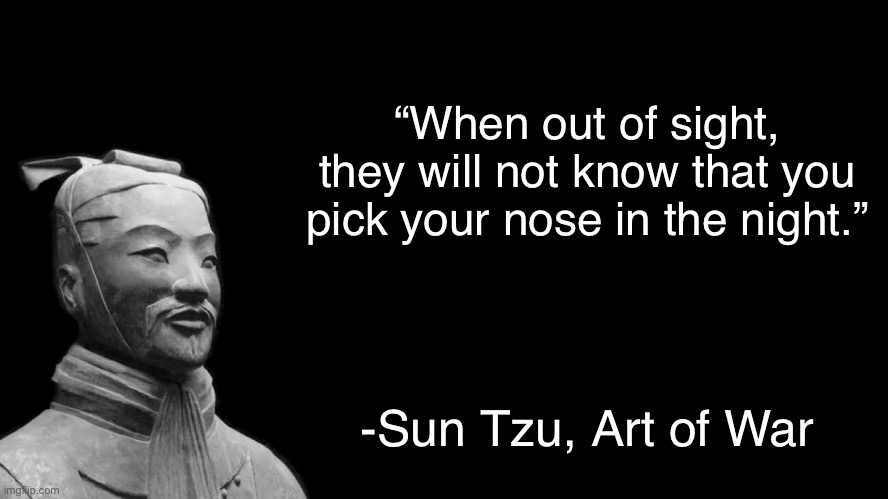 Sun Tzu | “When out of sight, they will not know that you pick your nose in the night.”; -Sun Tzu, Art of War | image tagged in sun tzu | made w/ Imgflip meme maker