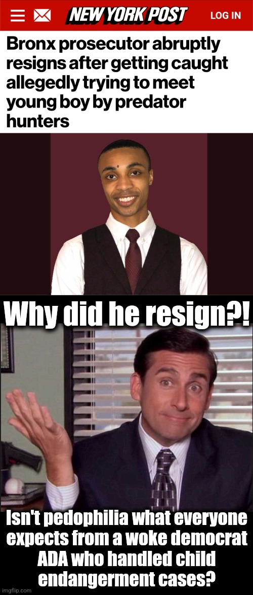 Why did he resign?! Isn't pedophilia what everyone
expects from a woke democrat
ADA who handled child
endangerment cases? | image tagged in michael scott,new york city,memes,district attorney,pedophile,democrats | made w/ Imgflip meme maker