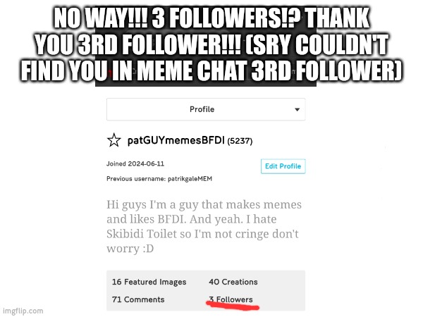 NO WAY!!! 3 FOLLOWERS!? THANK YOU 3RD FOLLOWER!!! (SRY COULDN'T FIND YOU IN MEME CHAT 3RD FOLLOWER) | made w/ Imgflip meme maker