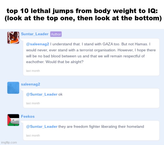 ah, yes Hamas is liberating their homeland, and not committing war crimes | top 10 lethal jumps from body weight to IQ:
 (look at the top one, then look at the bottom) | image tagged in stupid,hamas are terrorists | made w/ Imgflip meme maker