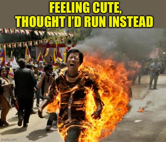 burning man | FEELING CUTE,
THOUGHT I’D RUN INSTEAD | image tagged in burning man | made w/ Imgflip meme maker