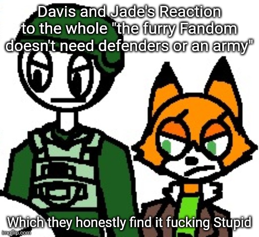 Some furry-supporters have Militaristic-themes in supporting the Furry-Fandom. They or hey can't just do that.. | Davis and Jade's Reaction to the whole "the furry Fandom doesn't need defenders or an army"; Which they honestly find it fucking Stupid | image tagged in j davis and jade foxston | made w/ Imgflip meme maker