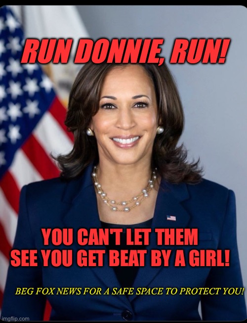 Kamala Harris | RUN DONNIE, RUN! YOU CAN'T LET THEM SEE YOU GET BEAT BY A GIRL! BEG FOX NEWS FOR A SAFE SPACE TO PROTECT YOU! | image tagged in kamala harris | made w/ Imgflip meme maker