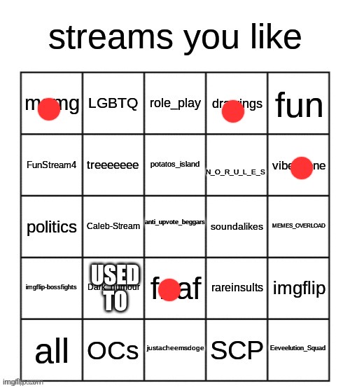 streams you like bingo | USED TO | image tagged in streams you like bingo | made w/ Imgflip meme maker