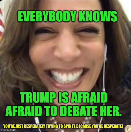 Everybody knows trump is afraid | EVERYBODY KNOWS; TRUMP IS AFRAID AFRAID TO DEBATE HER. YOU'RE JUST DESPERATELY TRYING TO SPIN IT, BECAUSE YOU'RE DESPERATE! | image tagged in kamala harris | made w/ Imgflip meme maker