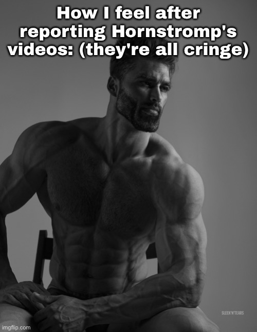 Giga Chad | How I feel after reporting Hornstromp's videos: (they're all cringe) | image tagged in giga chad | made w/ Imgflip meme maker