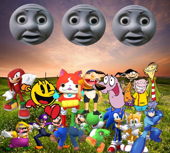 Wario and Friends dies by a Thomas o face invasion while exploring at a beautiful landscape | image tagged in wario dies,crossover | made w/ Imgflip meme maker