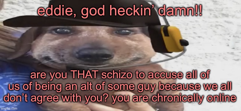 chucklenuts | eddie, god heckin’ damn!! are you THAT schizo to accuse all of us of being an alt of some guy because we all don’t agree with you? you are chronically online | image tagged in chucklenuts | made w/ Imgflip meme maker