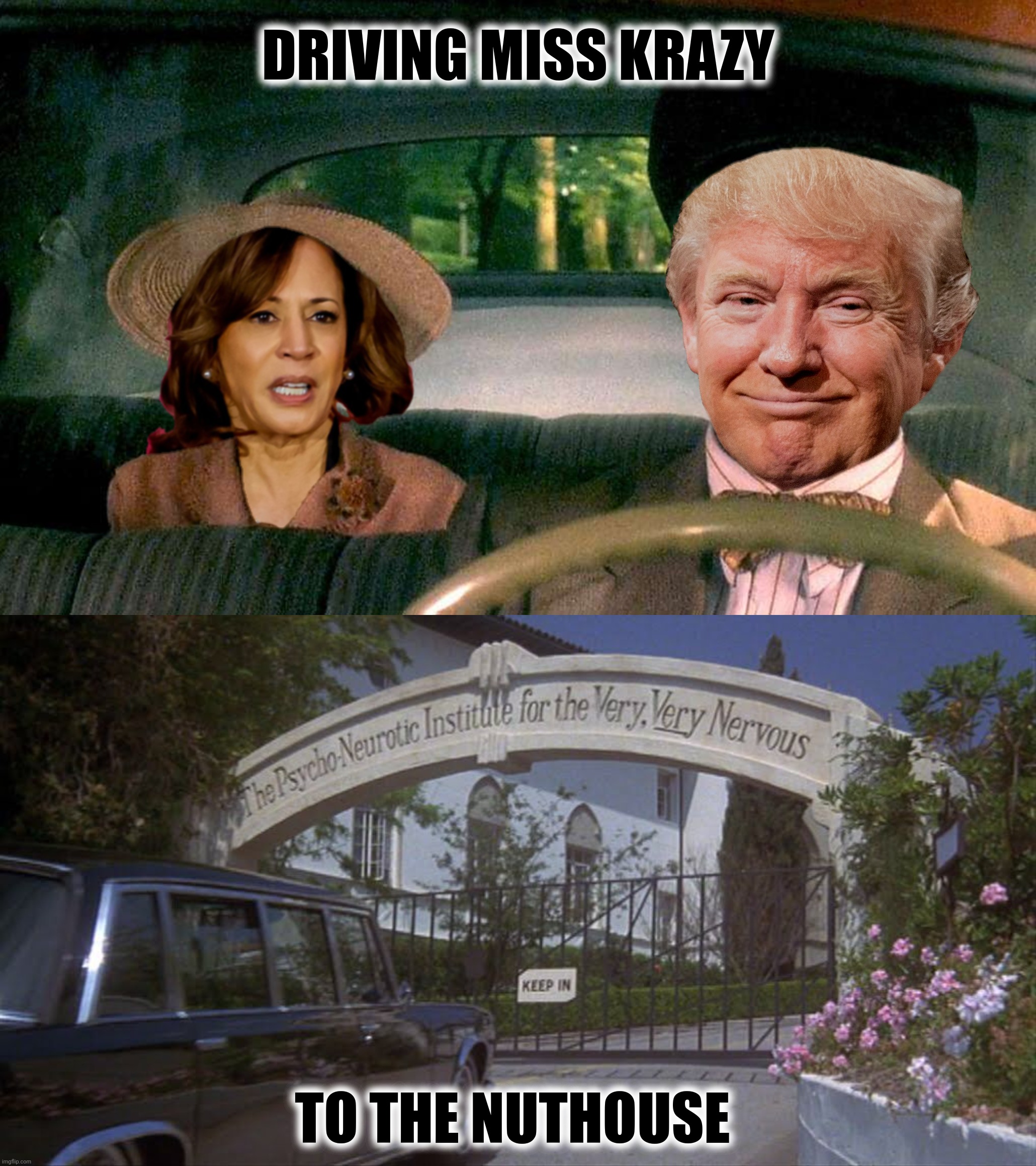 Bad Photoshop Sunday presents:  "The Long And Winding Road" | DRIVING MISS KRAZY; TO THE NUTHOUSE | image tagged in bad photoshop sunday,donald trump,kamala harris,driving miss daisy,high anxiety,driving miss krazy | made w/ Imgflip meme maker