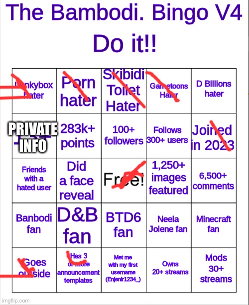 Banbodi. Bingo V4 | PRIVATE INFO | image tagged in banbodi bingo v4 | made w/ Imgflip meme maker