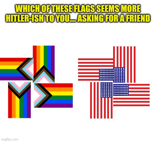 Blank White Template | WHICH OF THESE FLAGS SEEMS MORE HITLER-ISH TO YOU.... ASKING FOR A FRIEND | image tagged in blank white template | made w/ Imgflip meme maker