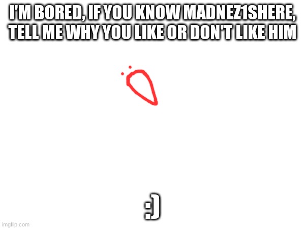 yay | I'M BORED, IF YOU KNOW MADNEZ1SHERE, TELL ME WHY YOU LIKE OR DON'T LIKE HIM; :) | image tagged in madnez1shere | made w/ Imgflip meme maker