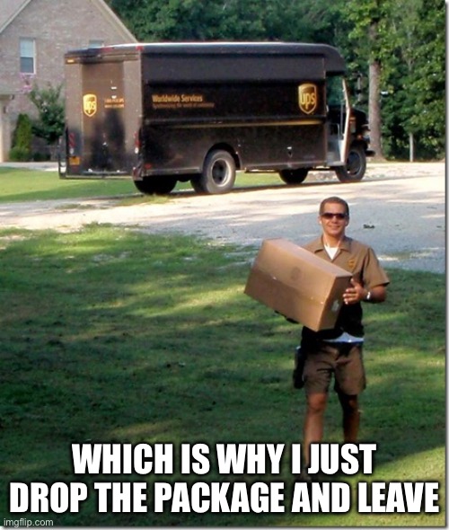 UPS delivery guy | WHICH IS WHY I JUST DROP THE PACKAGE AND LEAVE | image tagged in ups delivery guy | made w/ Imgflip meme maker