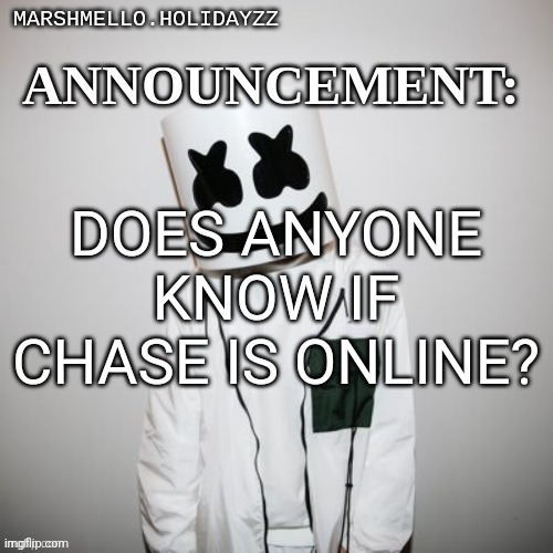 Marshmello | DOES ANYONE KNOW IF CHASE IS ONLINE? | image tagged in marshmello | made w/ Imgflip meme maker