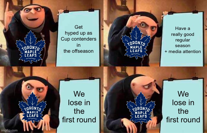 The Toronto Maple Leafs in a Nutshell: | Get hyped up as Cup contenders in the offseason; Have a really good regular season
+ media attention; We lose in the first round; We lose in the first round | image tagged in memes,gru's plan | made w/ Imgflip meme maker