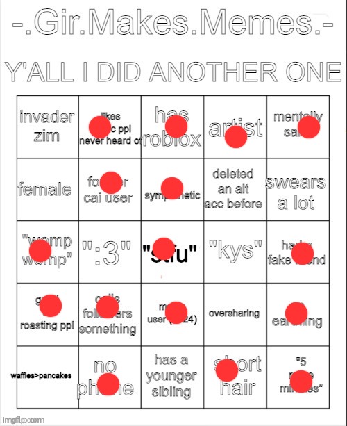 yoinky sloinky | image tagged in girs bingo | made w/ Imgflip meme maker