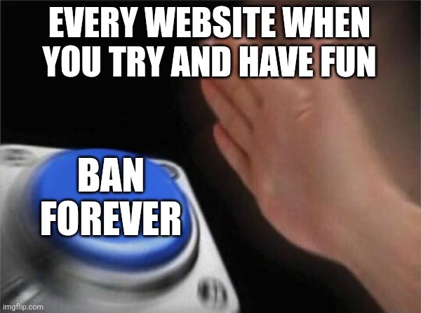 Blank Nut Button Meme | EVERY WEBSITE WHEN YOU TRY AND HAVE FUN; BAN FOREVER | image tagged in memes,blank nut button | made w/ Imgflip meme maker