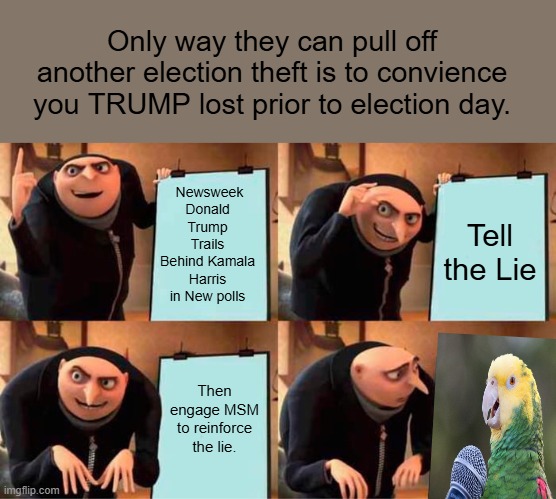 The setup sells the Con Job, of election theft. | Only way they can pull off another election theft is to convience you TRUMP lost prior to election day. Newsweek
Donald Trump Trails Behind Kamala Harris in New polls; Tell the Lie; Then engage MSM to reinforce the lie. | image tagged in memes,gru's plan | made w/ Imgflip meme maker