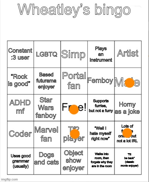 Wheatleys bingo | image tagged in wheatleys bingo | made w/ Imgflip meme maker