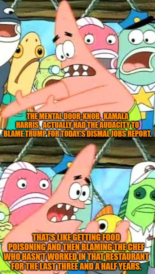 It should at least tempt some souls to think. | THE MENTAL DOOR-KNOB,  KAMALA HARRIS,  ACTUALLY HAD THE AUDACITY TO BLAME TRUMP FOR TODAY'S DISMAL JOBS REPORT. THAT'S LIKE GETTING FOOD POISONING AND THEN BLAMING THE CHEF WHO HASN'T WORKED IN THAT RESTAURANT FOR THE LAST THREE AND A HALF YEARS. | image tagged in put it somewhere else patrick | made w/ Imgflip meme maker
