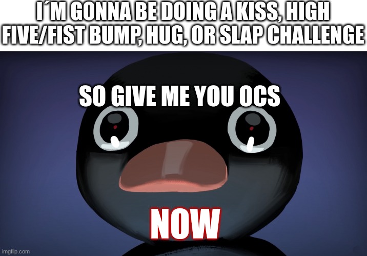 Terrified Noot Noot | I´M GONNA BE DOING A KISS, HIGH FIVE/FIST BUMP, HUG, OR SLAP CHALLENGE; SO GIVE ME YOU OCS; NOW | image tagged in terrified noot noot | made w/ Imgflip meme maker