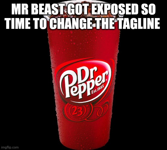 Dr. Pepper | MR BEAST GOT EXPOSED SO TIME TO CHANGE THE TAGLINE | image tagged in dr pepper | made w/ Imgflip meme maker